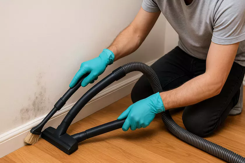 "Person rengör hörn och svåråtkomliga utrymmen i hemmet med borste och dammsugare – noggrann detaljstädning för ett helt rent resultat vid flytt eller storstädning"